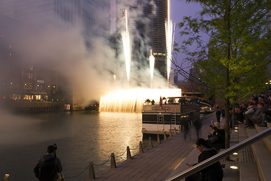 riverwalk pyrotechnic waterfall