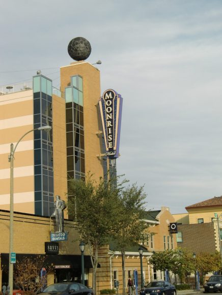 See a moon atop a hotel on the funky Delmar Blvd. in the Loop neighborhood