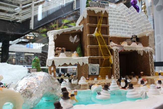 A gingerbread village with ice rink sits in ta corner of theWitt Lobby during the holidays. (theWitt photo)