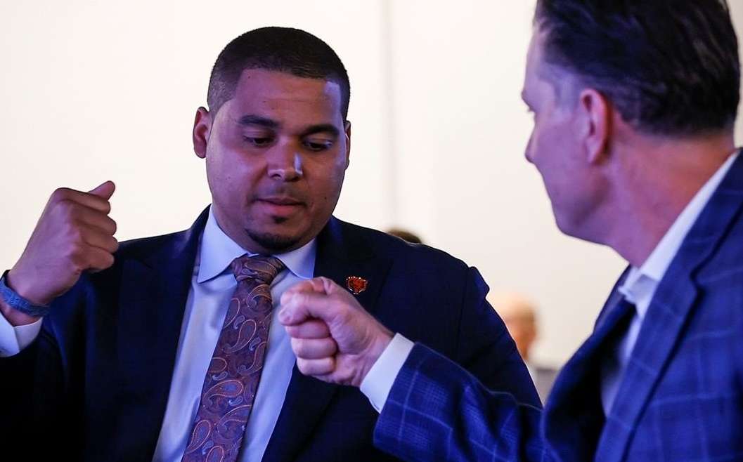 Chicago Bears general manager, Ryan Poles, celebrating with head coach, Matt Eberflus, during their first Bears draft in 2022.