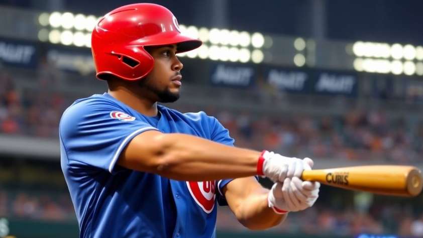 Cubs player swinging baseball bat