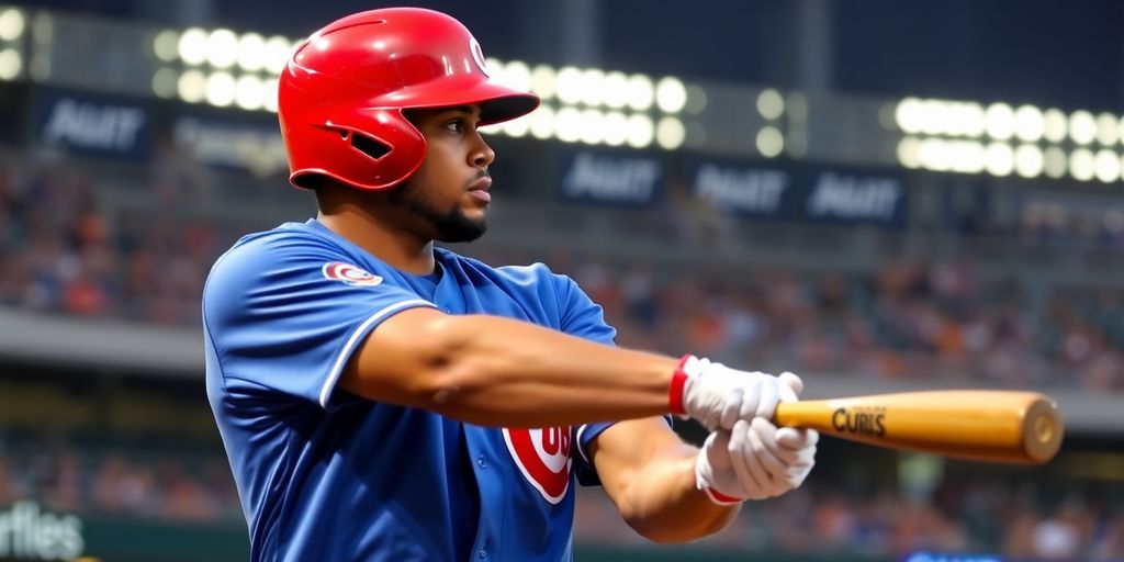 Cubs player swinging baseball bat