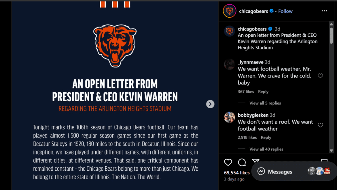 Chicago Bears Instagram post move to arlington heights