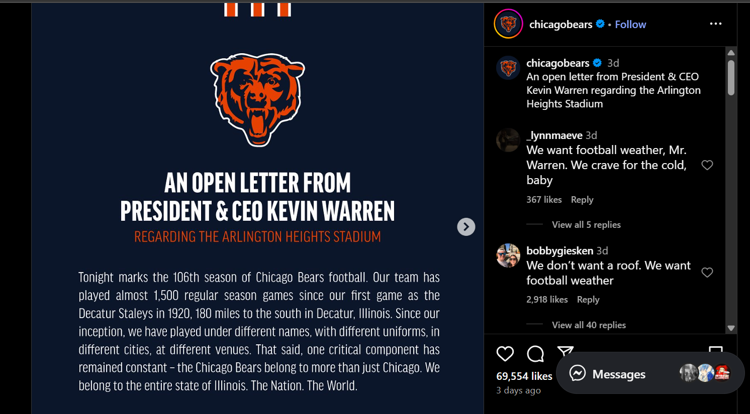 Chicago Bears Instagram post move to arlington heights