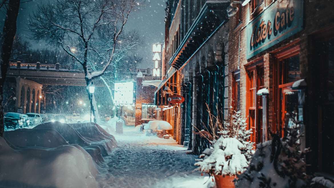 Snow Covered Street and Building