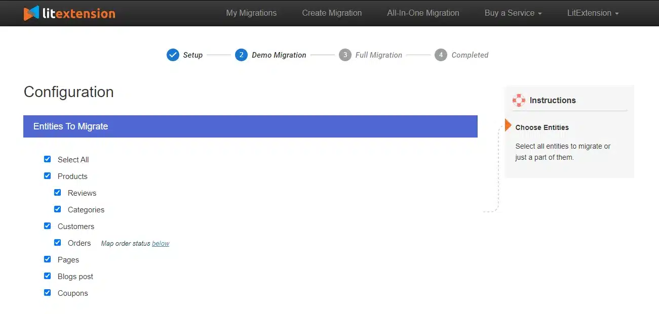 Select the entities you want to migrate from OpenCart to WooCommerce
