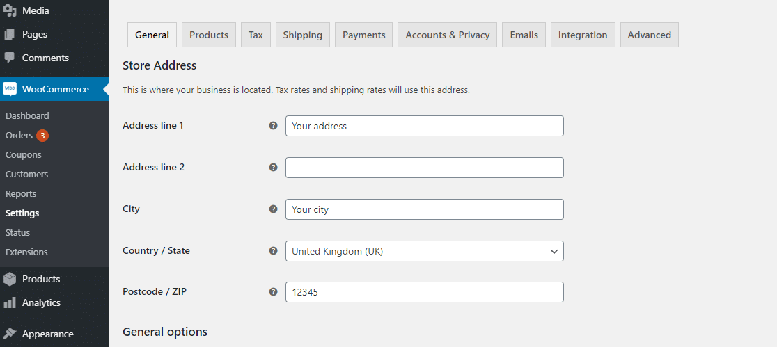 woocommerce general settings