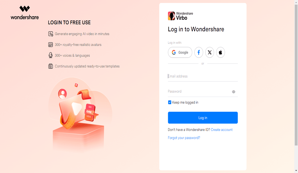 log in to wondershare virbo online platform