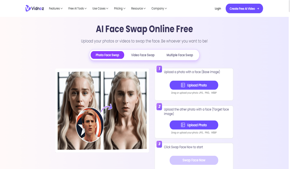 homepage of vidnoz face-swapping tool.
