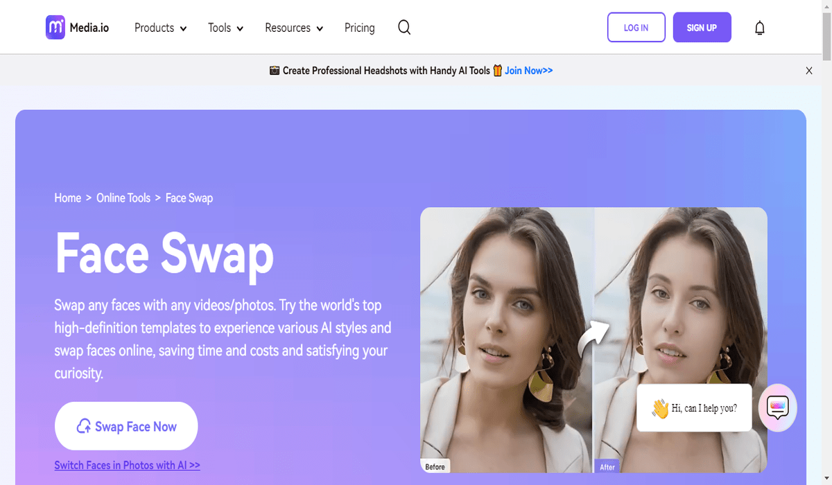 homepage of media.io face face swap feature.