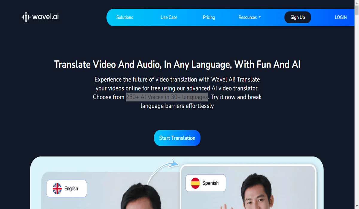 homepage of wavel.ai video translator.