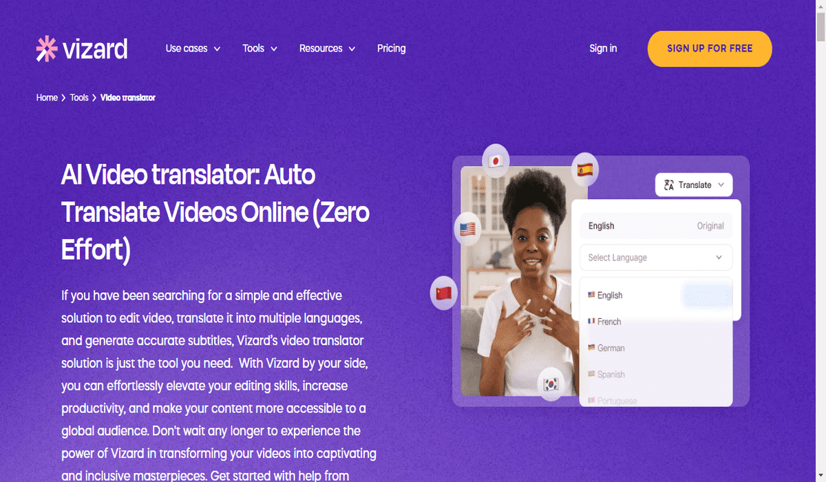 homepage of vizard video translator