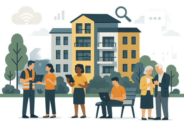 community in front of a building drawing