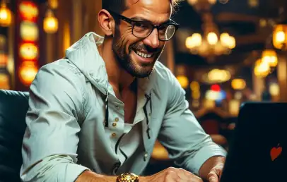man having fun playing at online casino on his laptop
