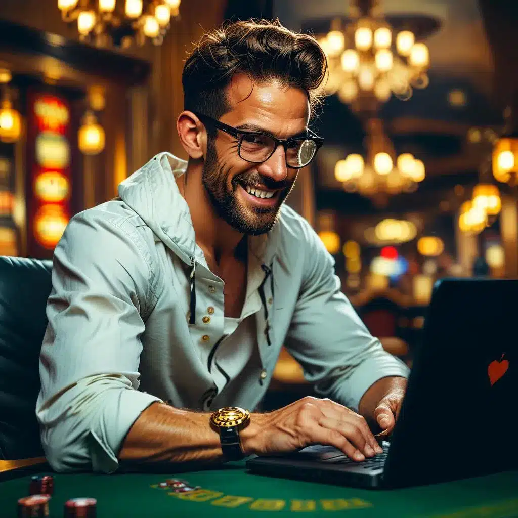 man having fun playing at online casino on his laptop