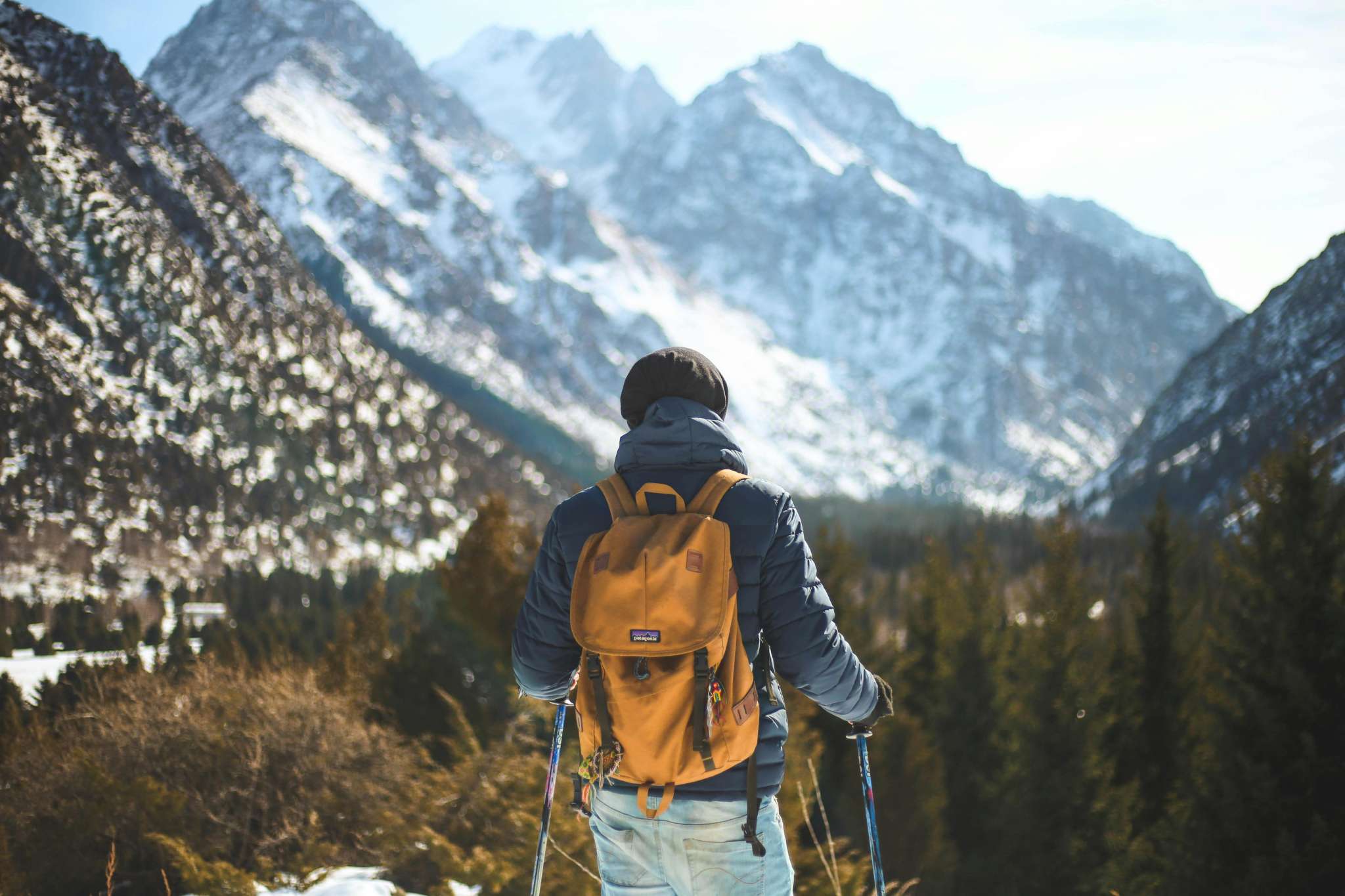 Hiker in front of mountains