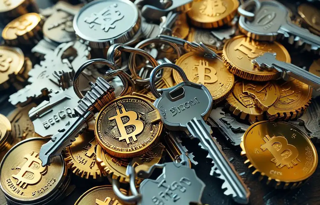 a pile of keys with bitcoins on top of them