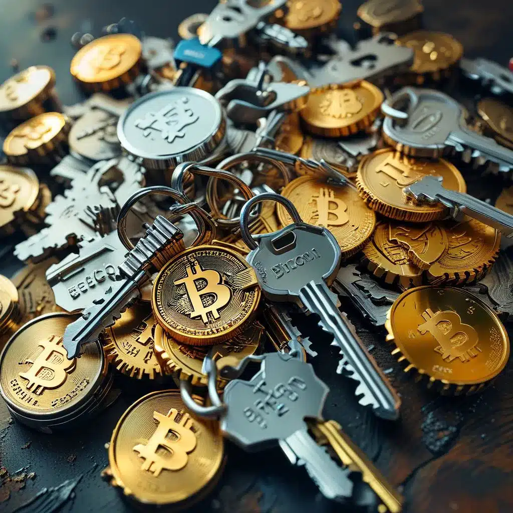 a pile of keys with bitcoins on top of them