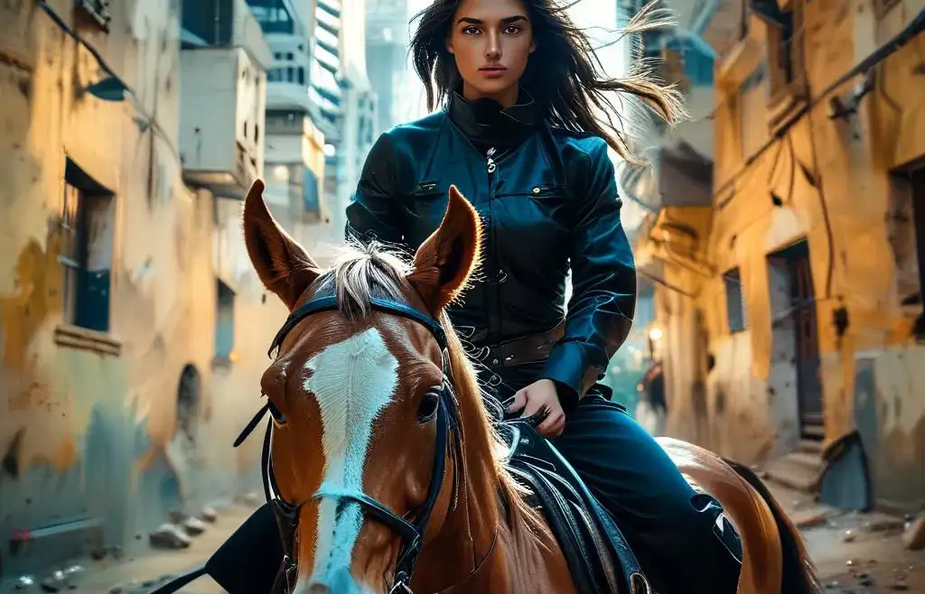 riding on horse in the city