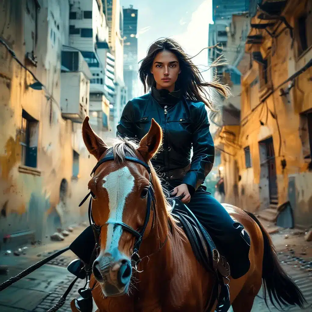 riding on horse in the city