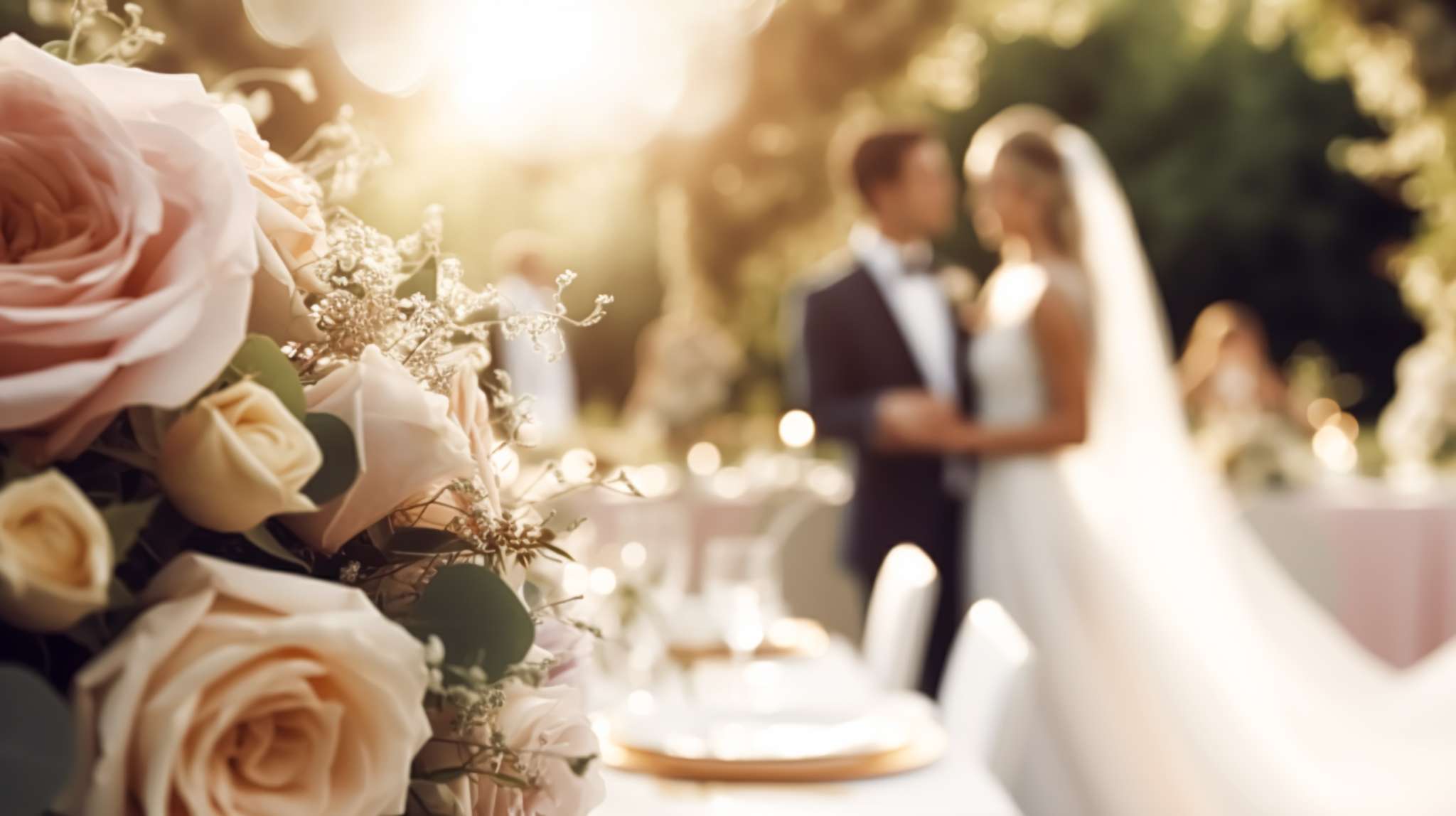 Wedding ceremony and celebration, bride and groom at a beautiful outdoor venue on a sunny day, luxury wedding decor with flowers and bridal bouquet