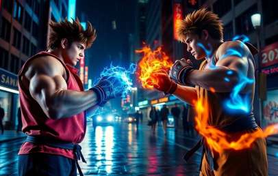 Ryu and Ken face off on a rainy neon street