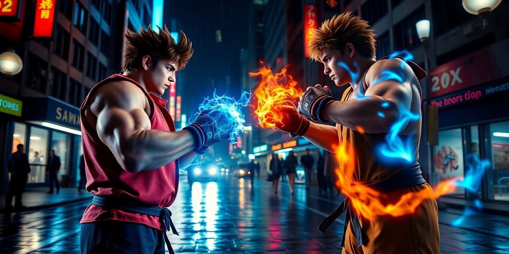 Ryu and Ken face off on a rainy neon street