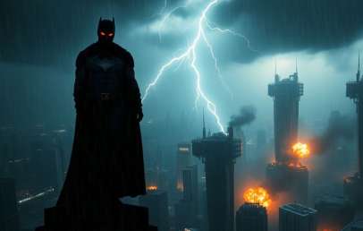 Dark hero in city, red glow