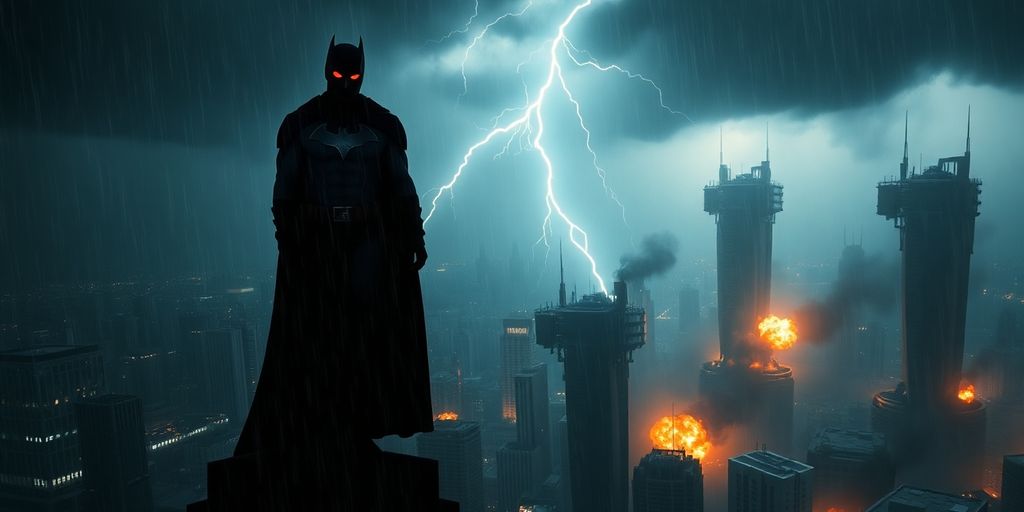Dark hero in city, red glow