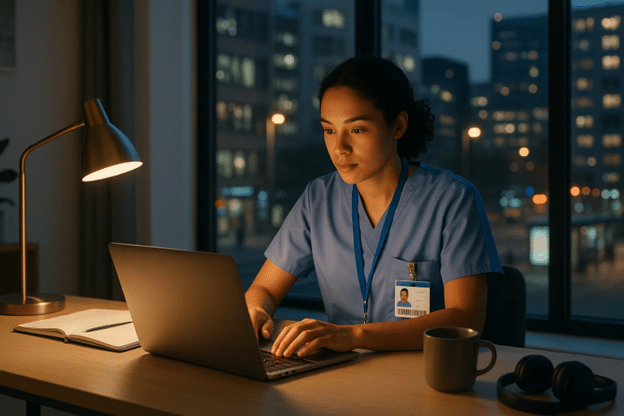 Woman working at night in office