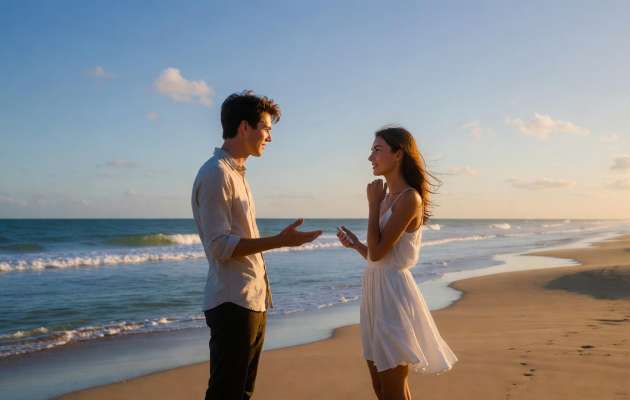 Man talking to woman on the beach