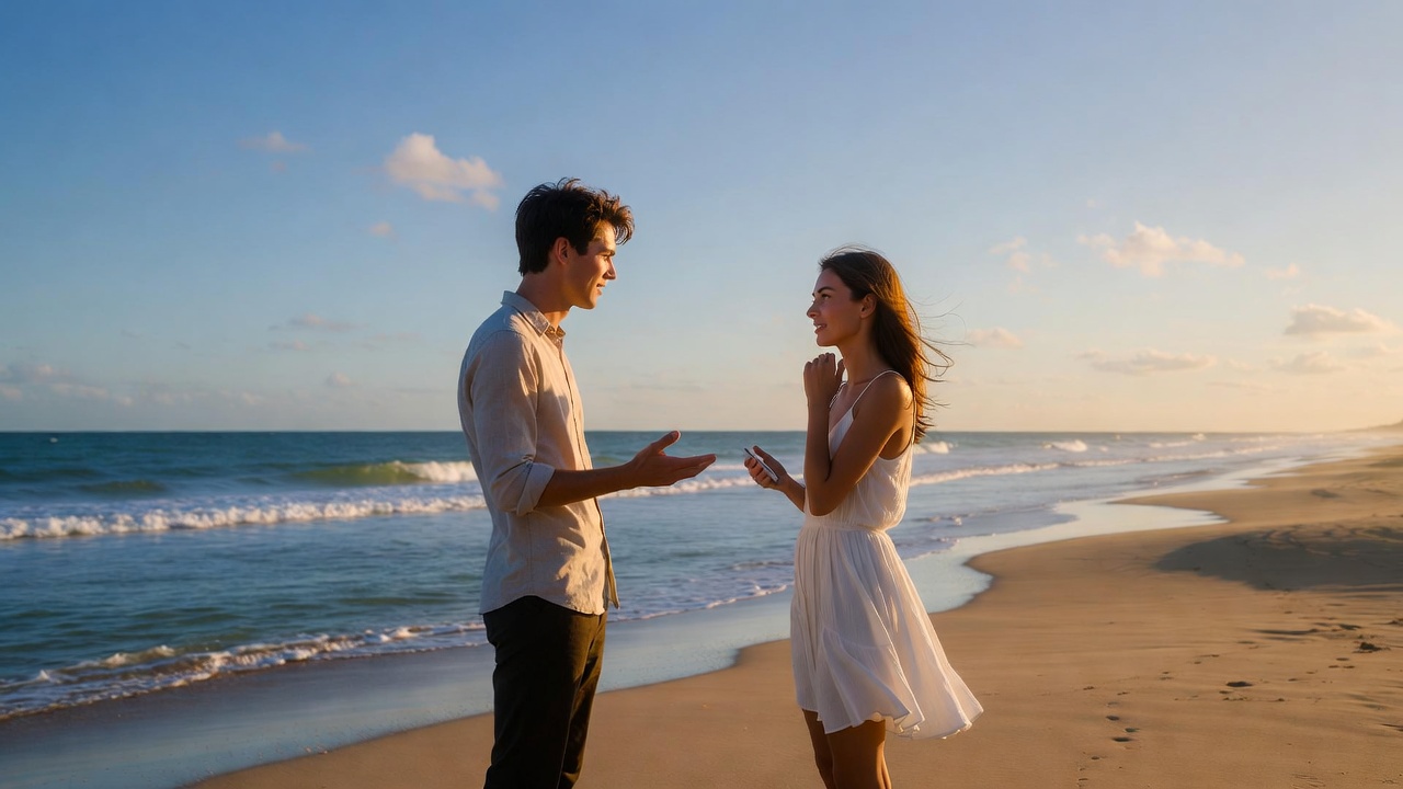 Man talking to woman on the beach