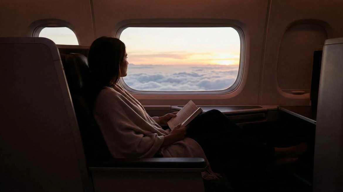 A passenger in a business-class suite relaxing and looking out the window at a sunset cloudscape, showcasing privacy and atmosphere