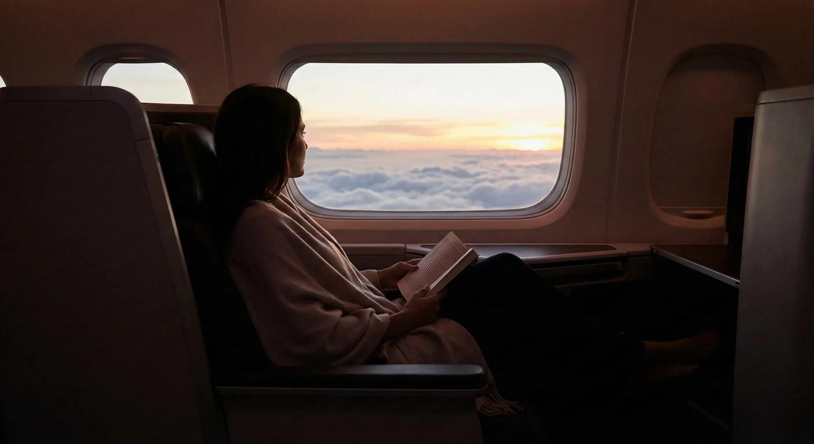 A passenger in a business-class suite relaxing and looking out the window at a sunset cloudscape, showcasing privacy and atmosphere