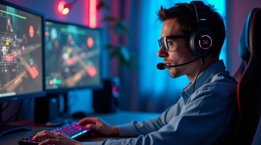 Gamer gaming with gaming setup