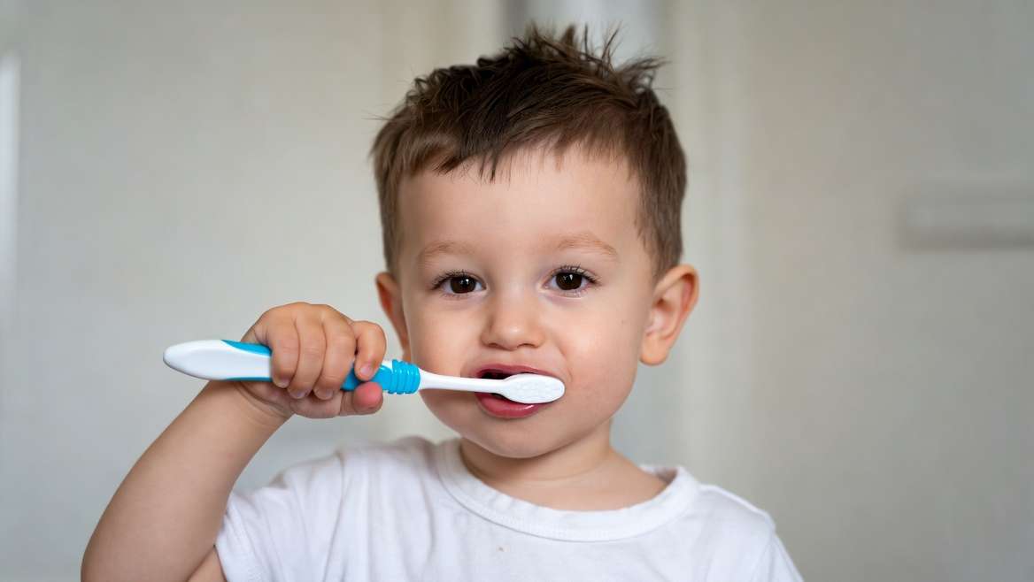 Kid brushing his teeth
