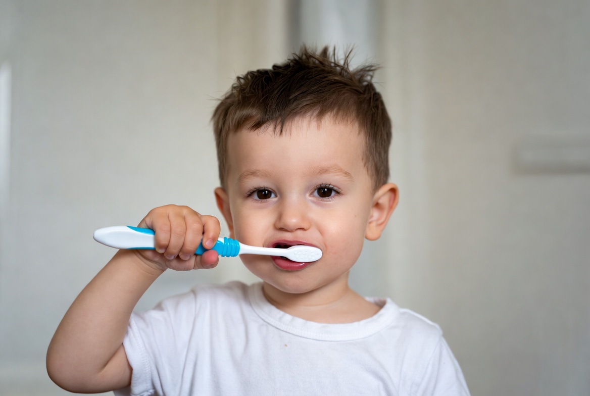 Kid brushing his teeth