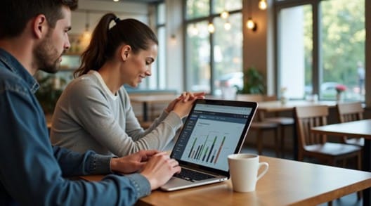 Working on laptop in a coffee shop