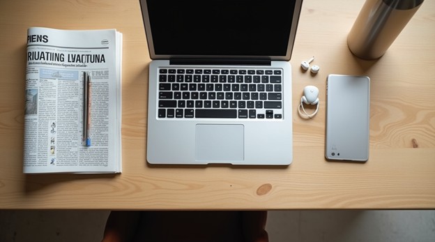 office desk with laptop phone and newspaper